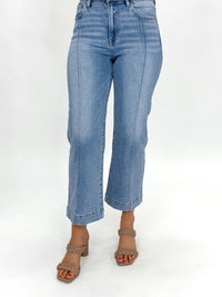 Risen High Rise Crop Wide Leg Jeans With Front Seam Light Wash
