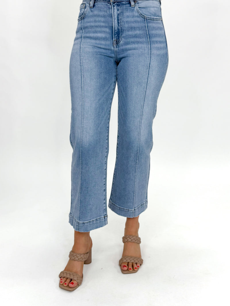 Risen High Rise Crop Wide Leg Jeans With Front Seam Light Wash