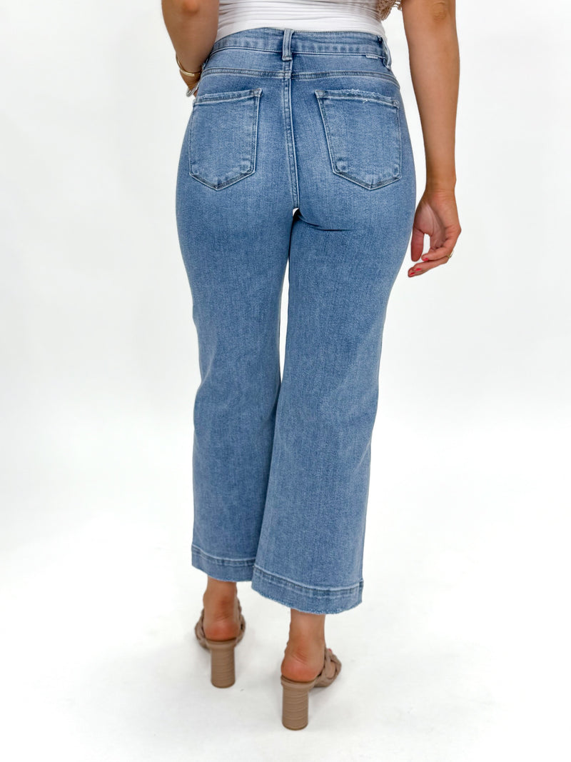 Risen High Rise Crop Wide Leg Jeans With Front Seam Light Wash