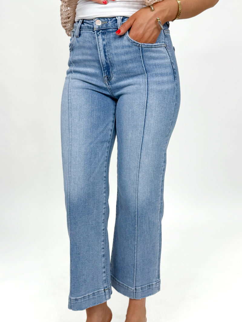 Risen High Rise Crop Wide Leg Jeans With Front Seam Light Wash
