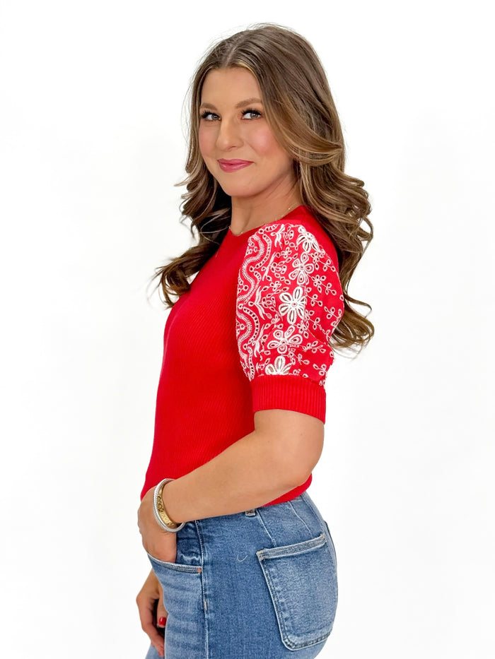 Cherry Bloom Embroidered Knit Top