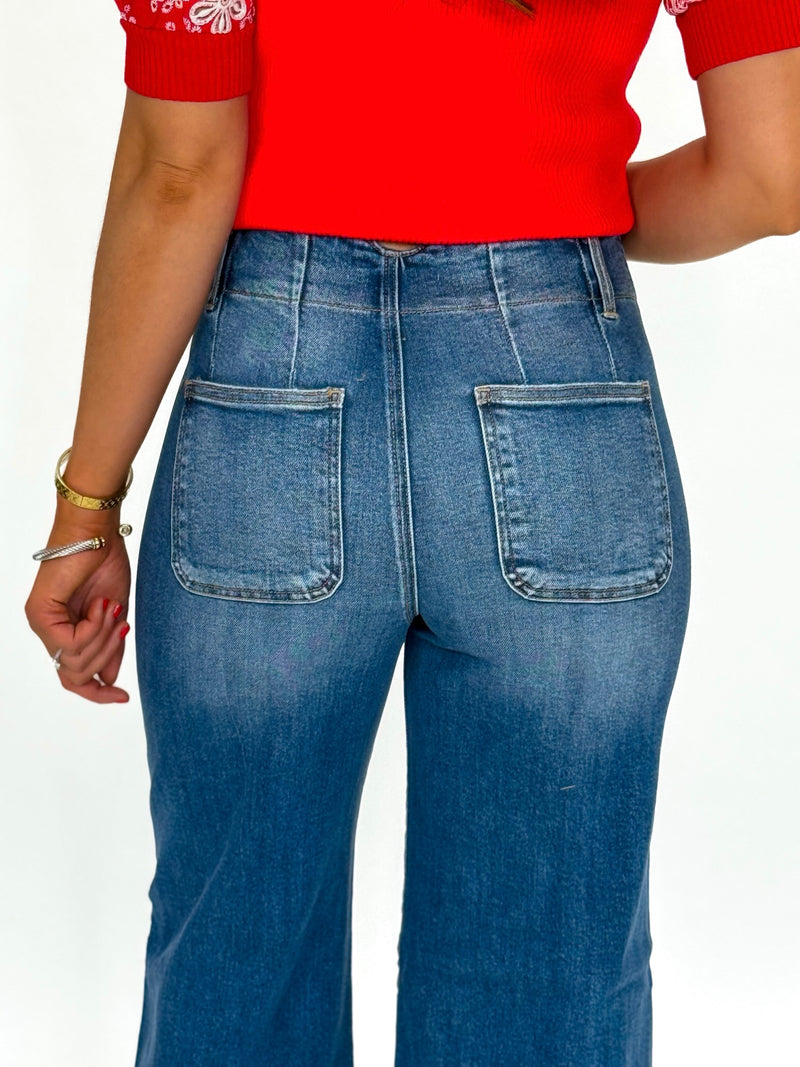 Risen High Rise Two Button Wide Seam Dark Wash Jeans