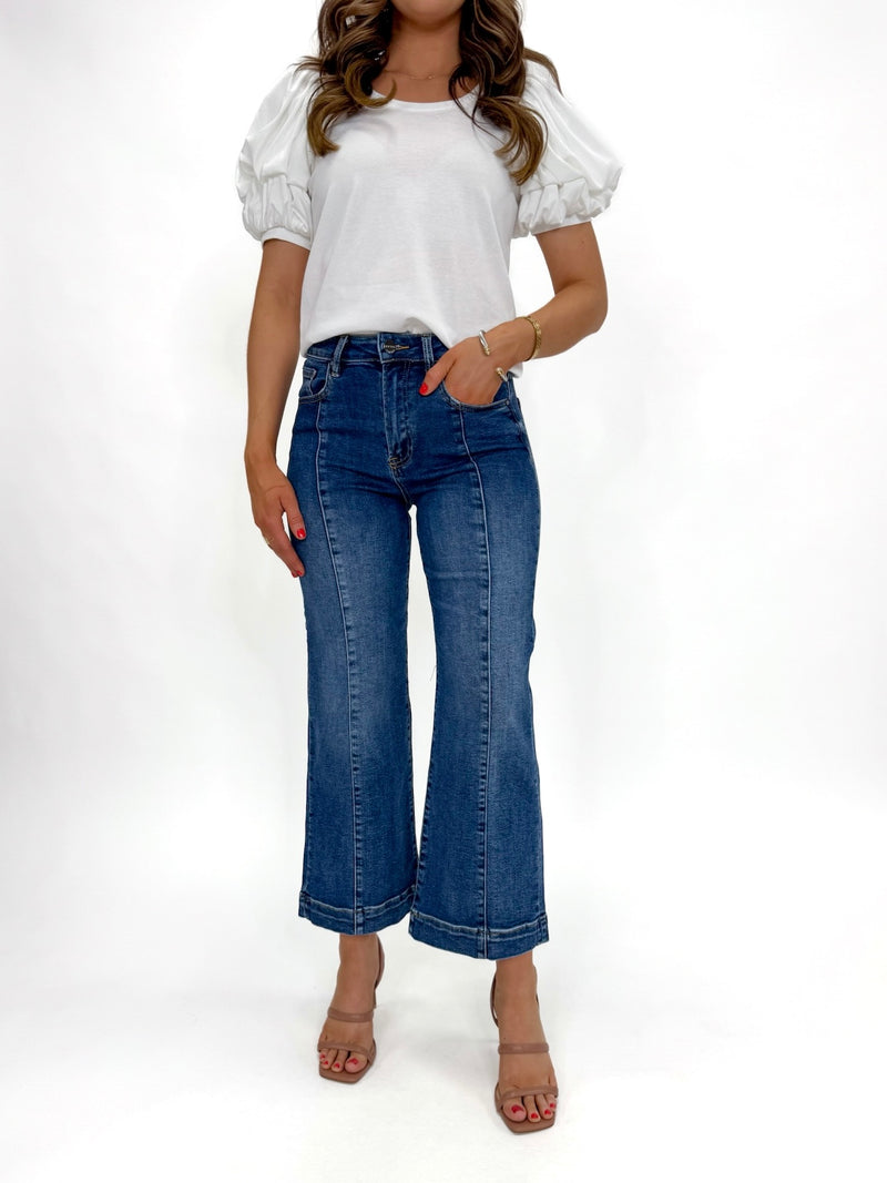 Risen High Rise Crop Wide Leg Jeans With Front Seam Medium Wash