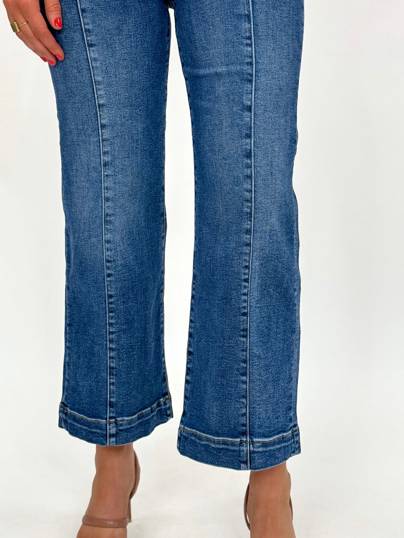 Risen High Rise Crop Wide Leg Jeans With Front Seam Medium Wash