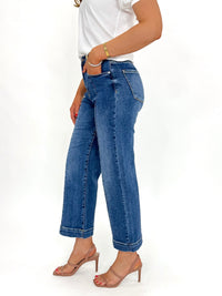 Risen High Rise Crop Wide Leg Jeans With Front Seam Medium Wash