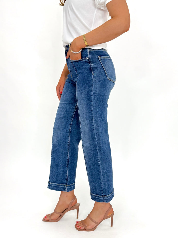 Risen High Rise Crop Wide Leg Jeans With Front Seam Medium Wash