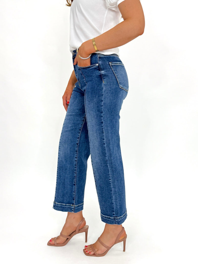 Risen High Rise Crop Wide Leg Jeans With Front Seam Medium Wash
