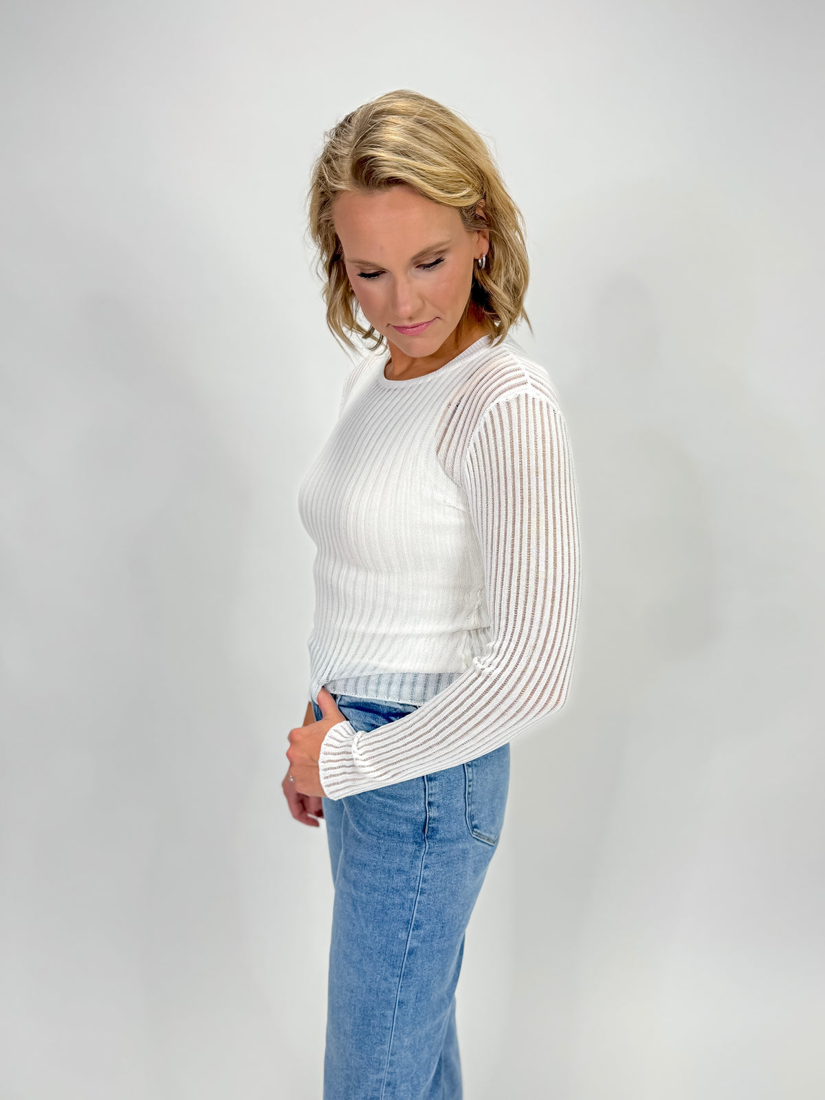 Shadowline Sheer Rib Knit Stripe Top - White