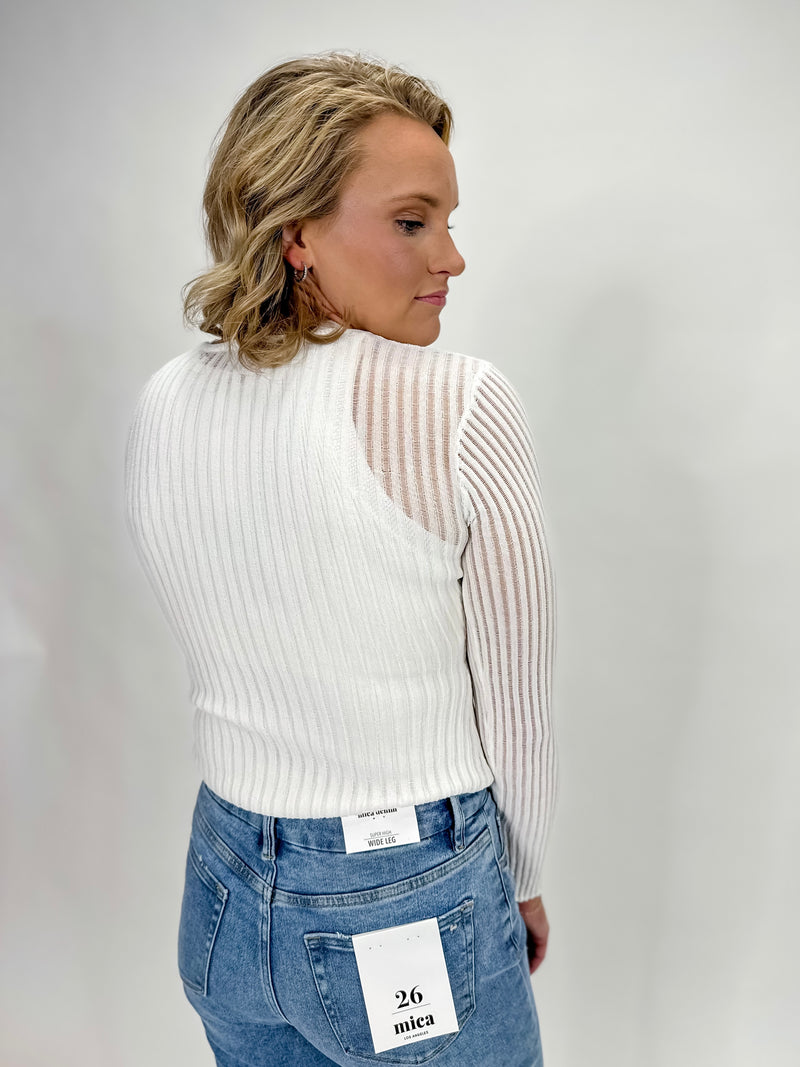 Shadowline Sheer Rib Knit Stripe Top - White
