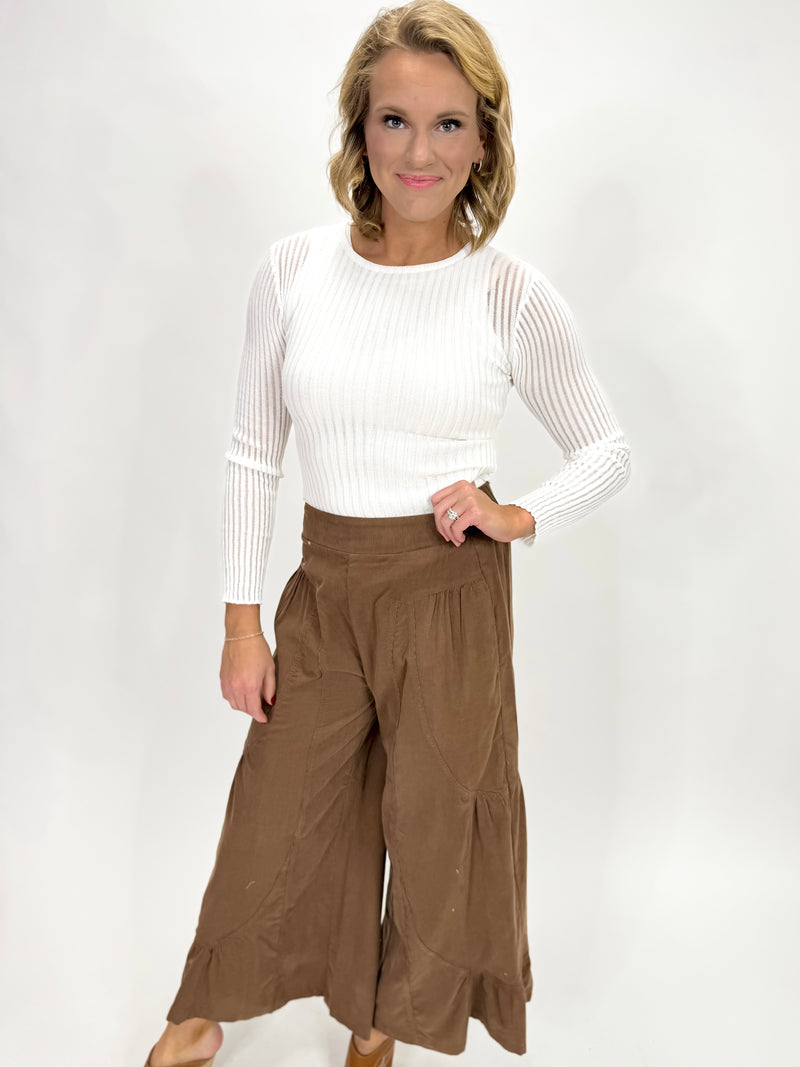 Chestnut Ruffle Hem Corduroy Pants