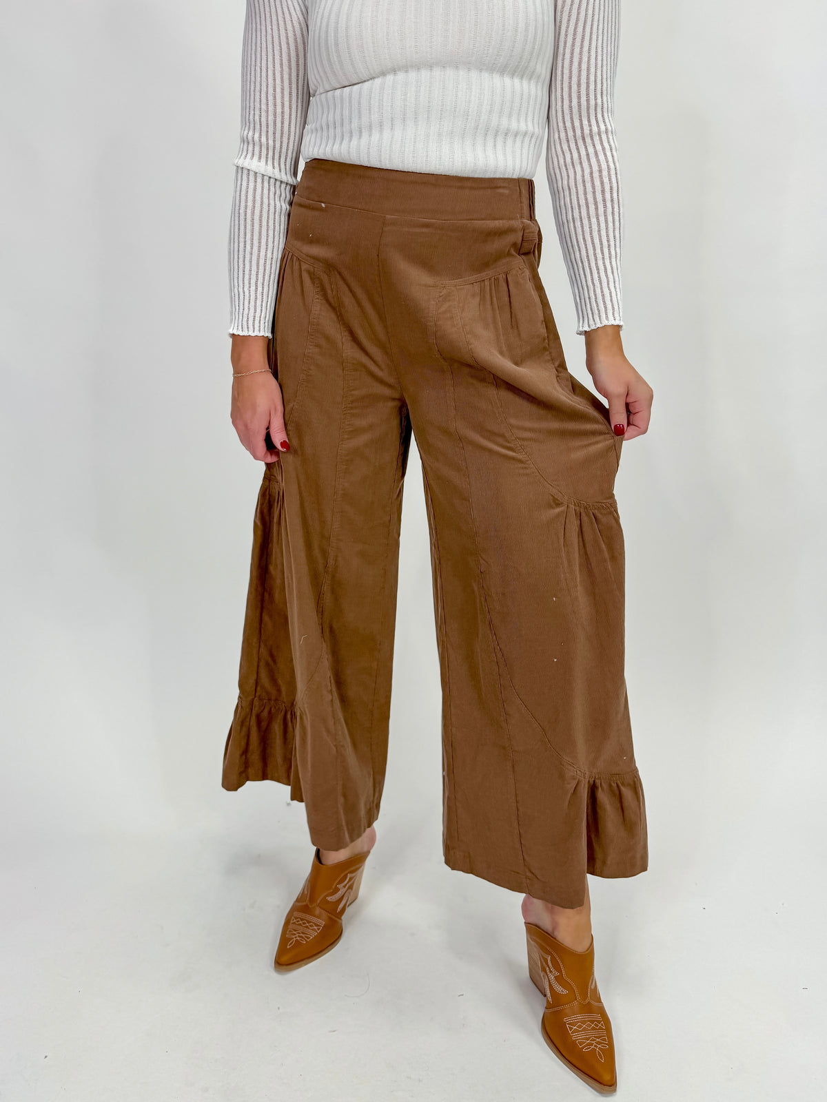Chestnut Ruffle Hem Corduroy Pants