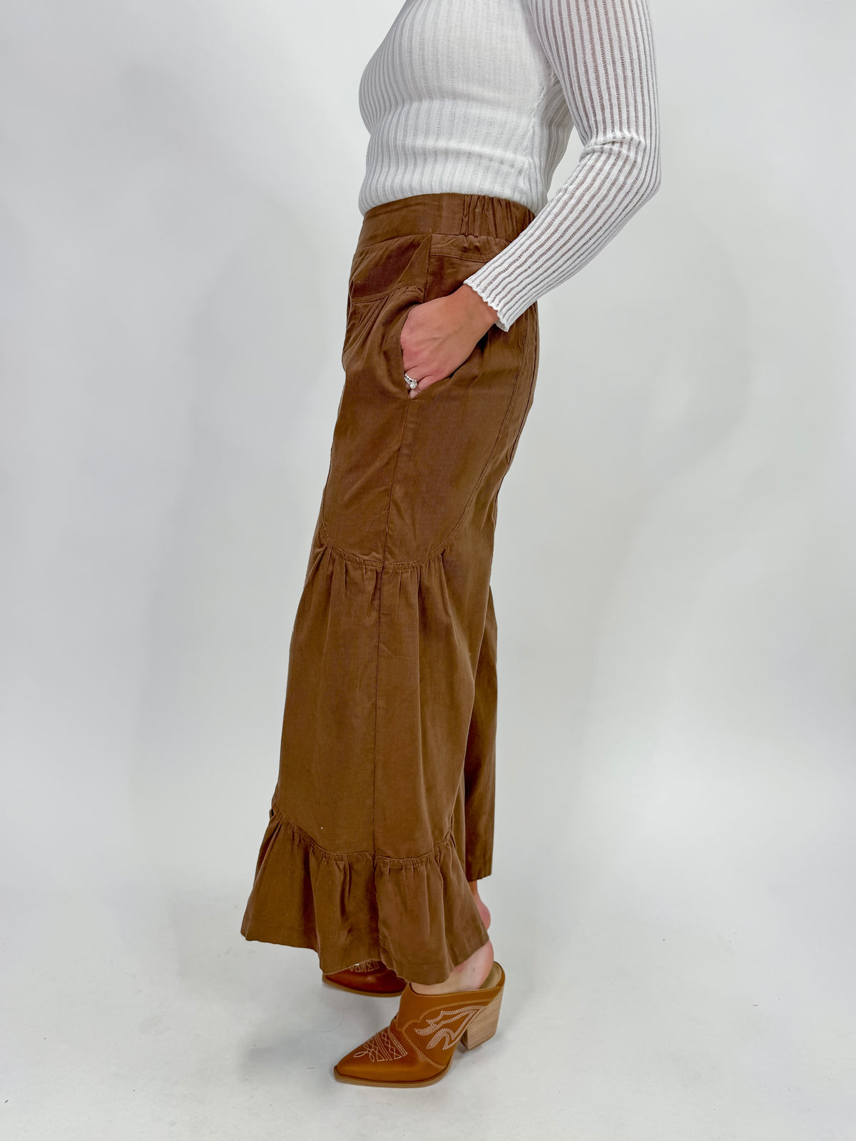 Chestnut Ruffle Hem Corduroy Pants