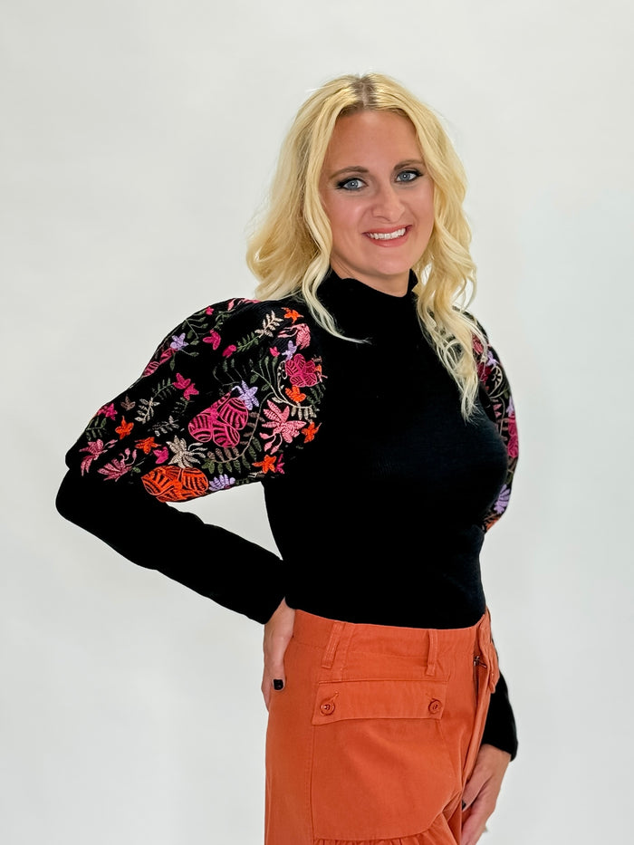 Enchanted Bloom Puff Top- Black