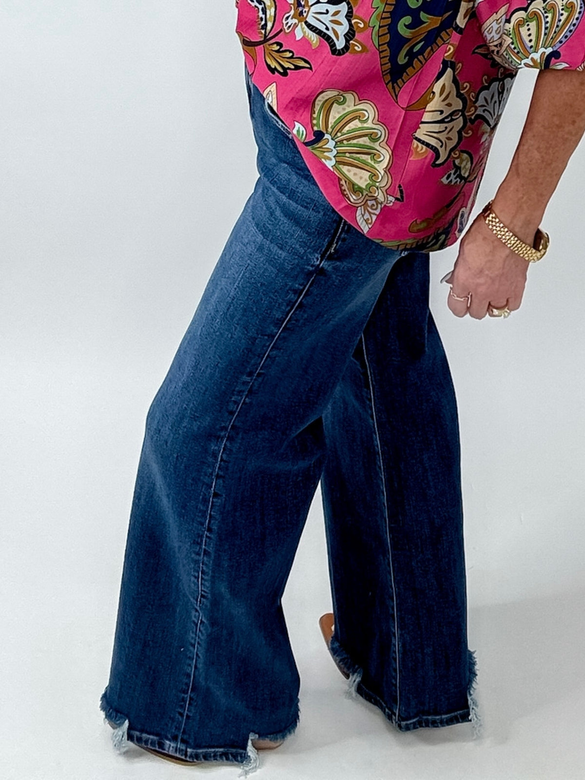 Risen Mid Rise Wide Leg Dark Wash Jeans with Raw Edge Hem