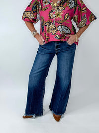 Risen Mid Rise Wide Leg Dark Wash Jeans with Raw Edge Hem