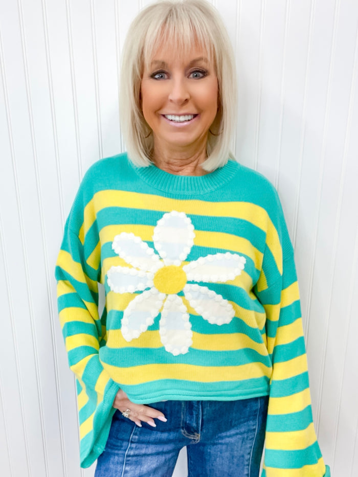 Turquoise Daisy Striped Sweater