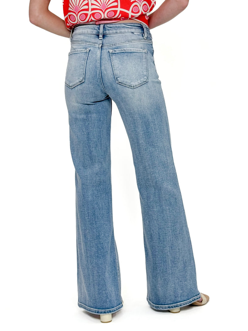 Risen Front Patch Pocket Wide Leg Medium Wash Jeans