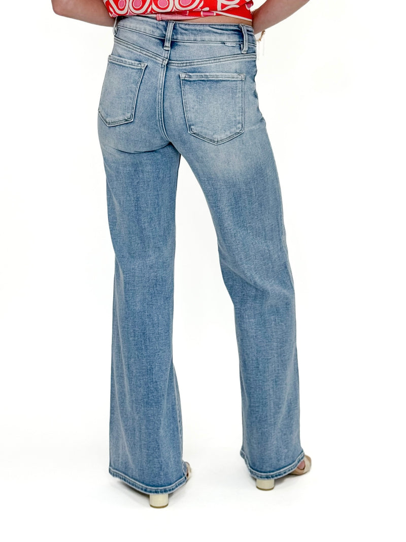 Risen Front Patch Pocket Wide Leg Medium Wash Jeans
