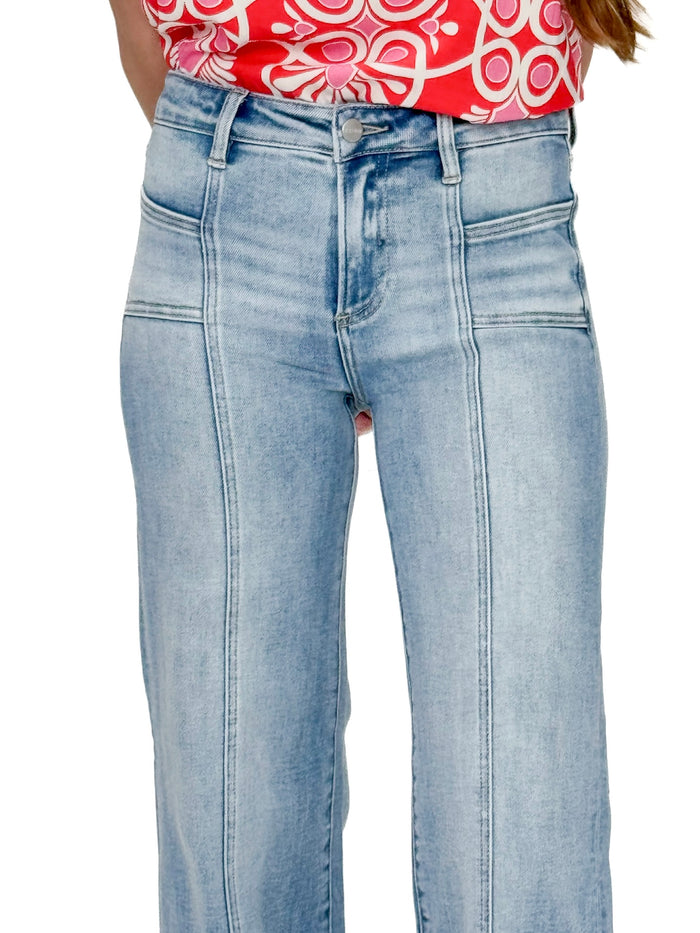 Risen Front Patch Pocket Wide Leg Medium Wash Jeans