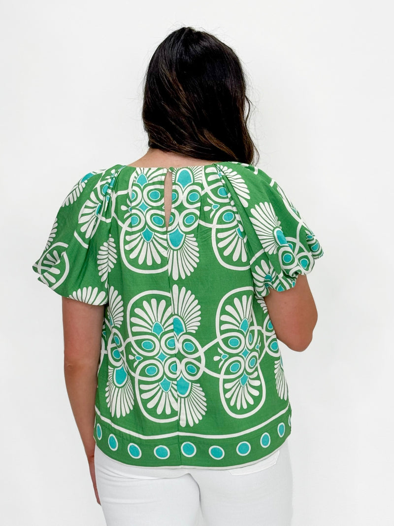Geo Bloom Puff Sleeve Top