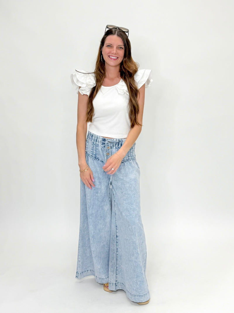 Mineral Wash Corset Wide Leg Denim Pants
