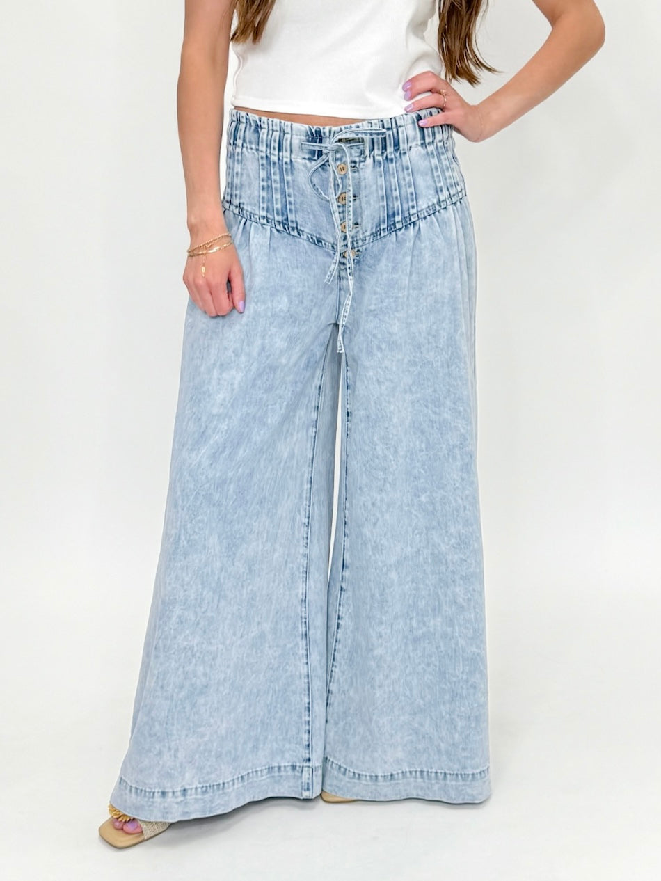 Mineral Wash Corset Wide Leg Denim Pants