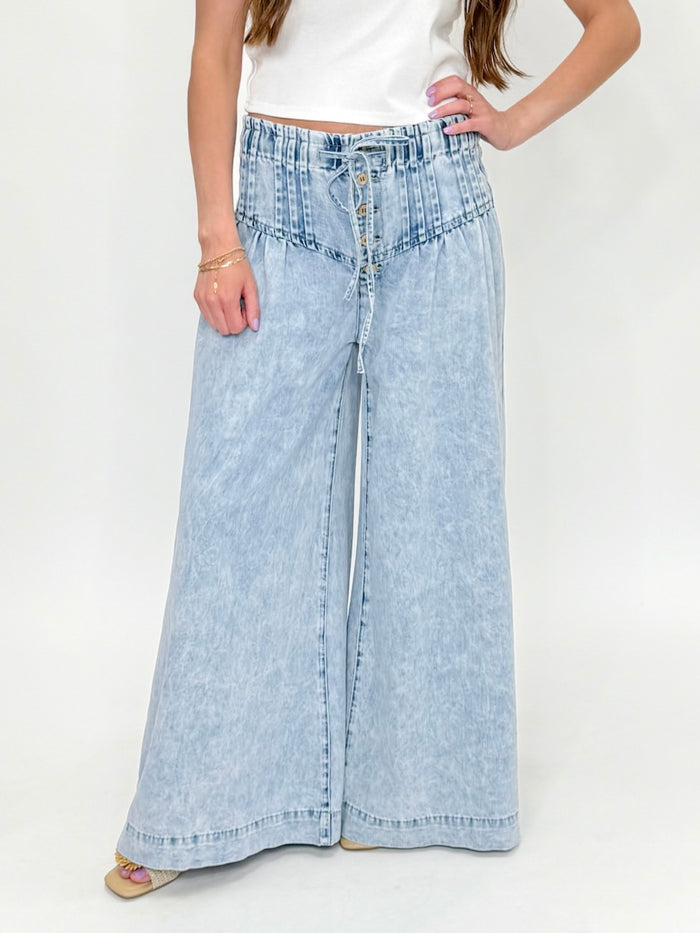 Mineral Wash Corset Wide Leg Denim Pants