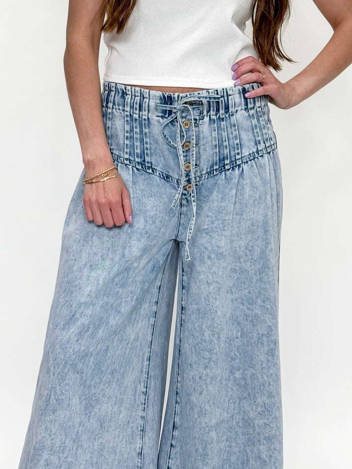 Mineral Wash Corset Wide Leg Denim Pants