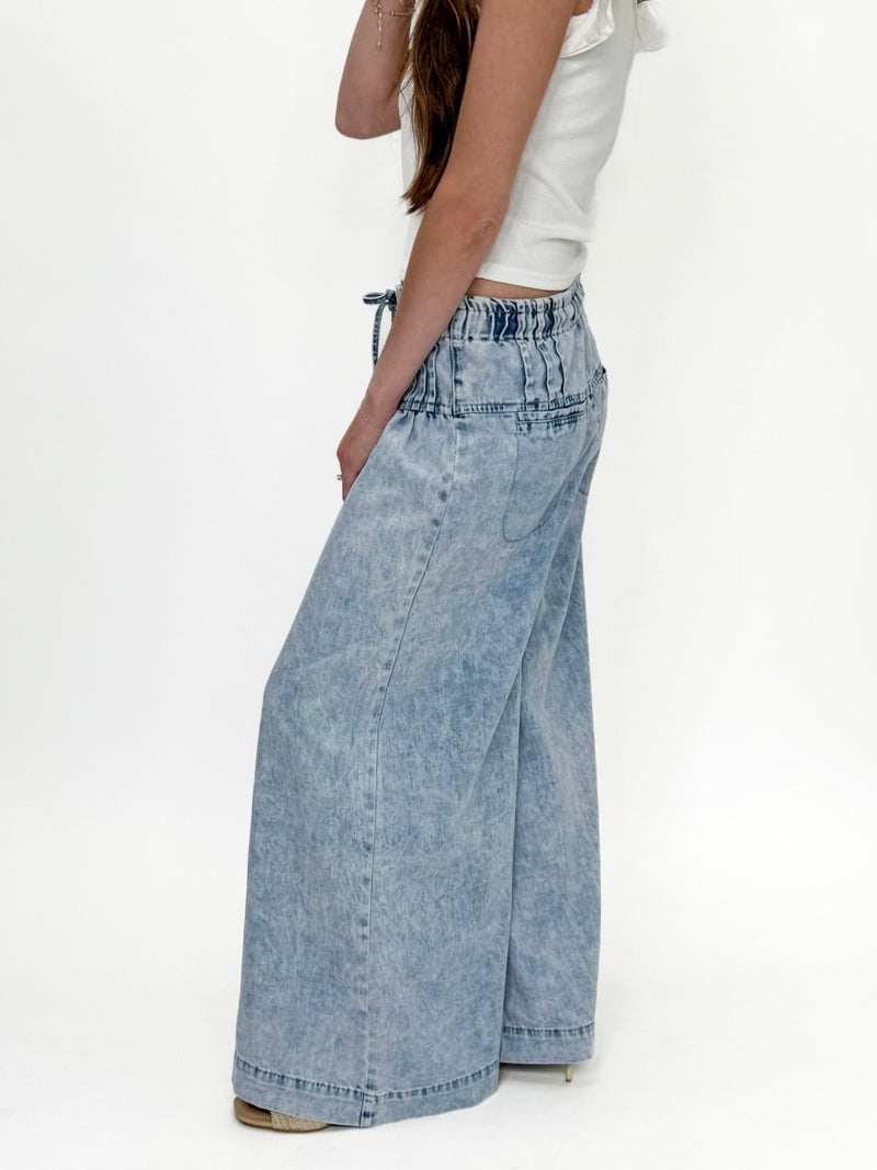 Mineral Wash Corset Wide Leg Denim Pants