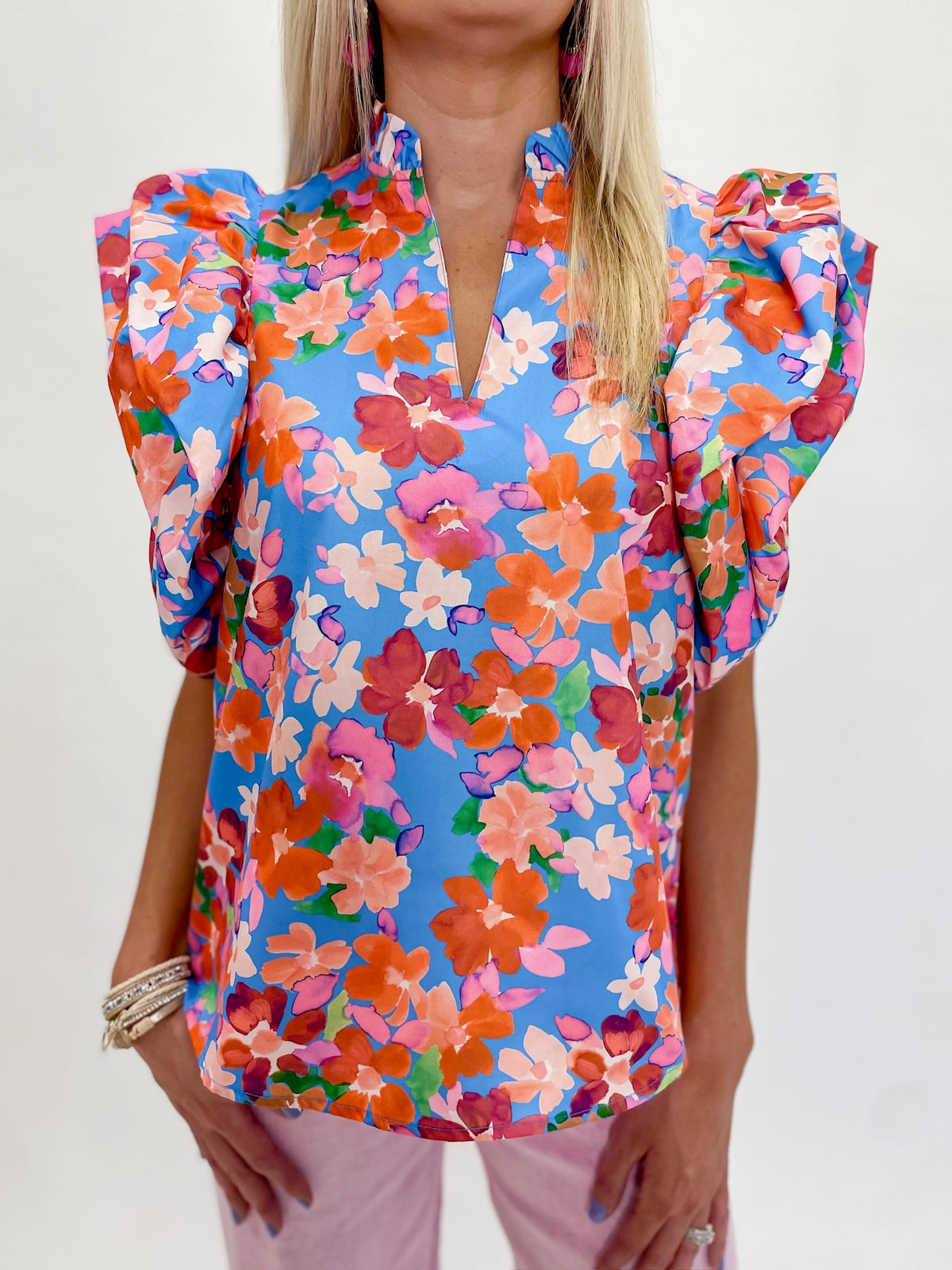 Electric Blossom Ruffle Sleeve Blouse