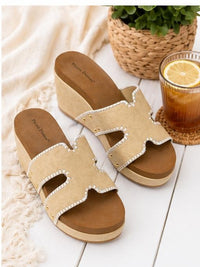 Natural Stitch Platform Slide-Shoes