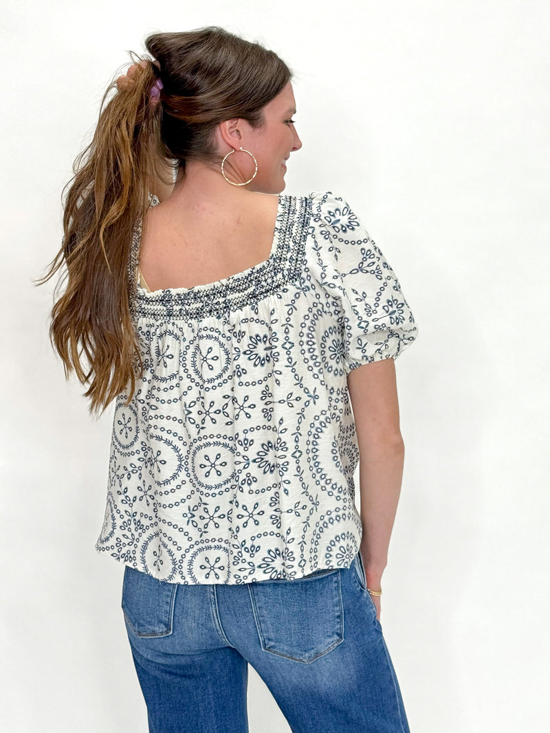 Navy Medallion Smocked Square Neck Top