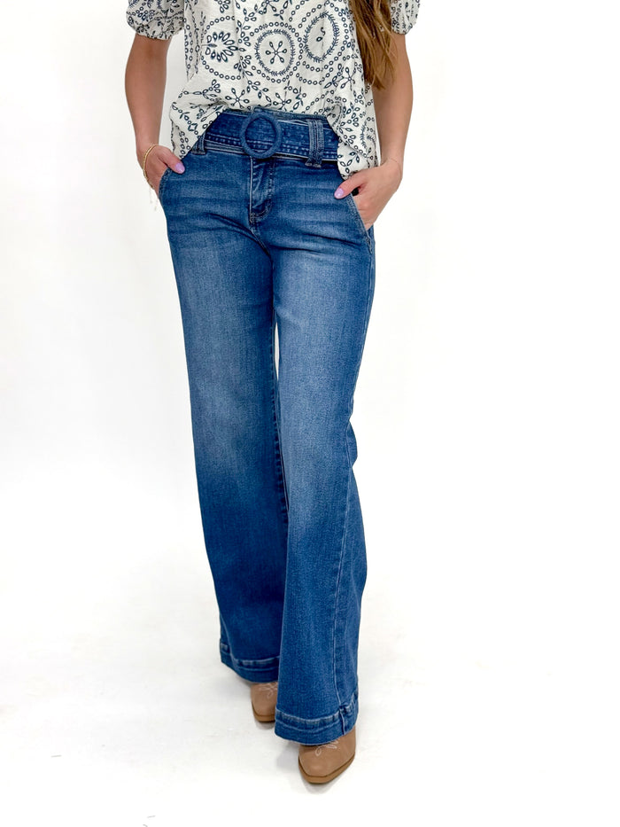 Risen Tummy Control Self Belted High Rise Wide Leg Jeans