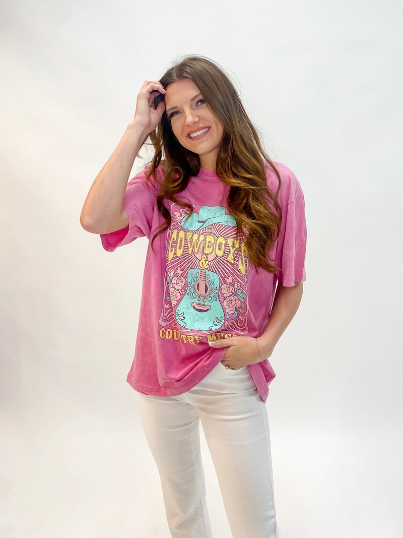 Cowboy Country Music Graphic Tee Acid Wash Pink