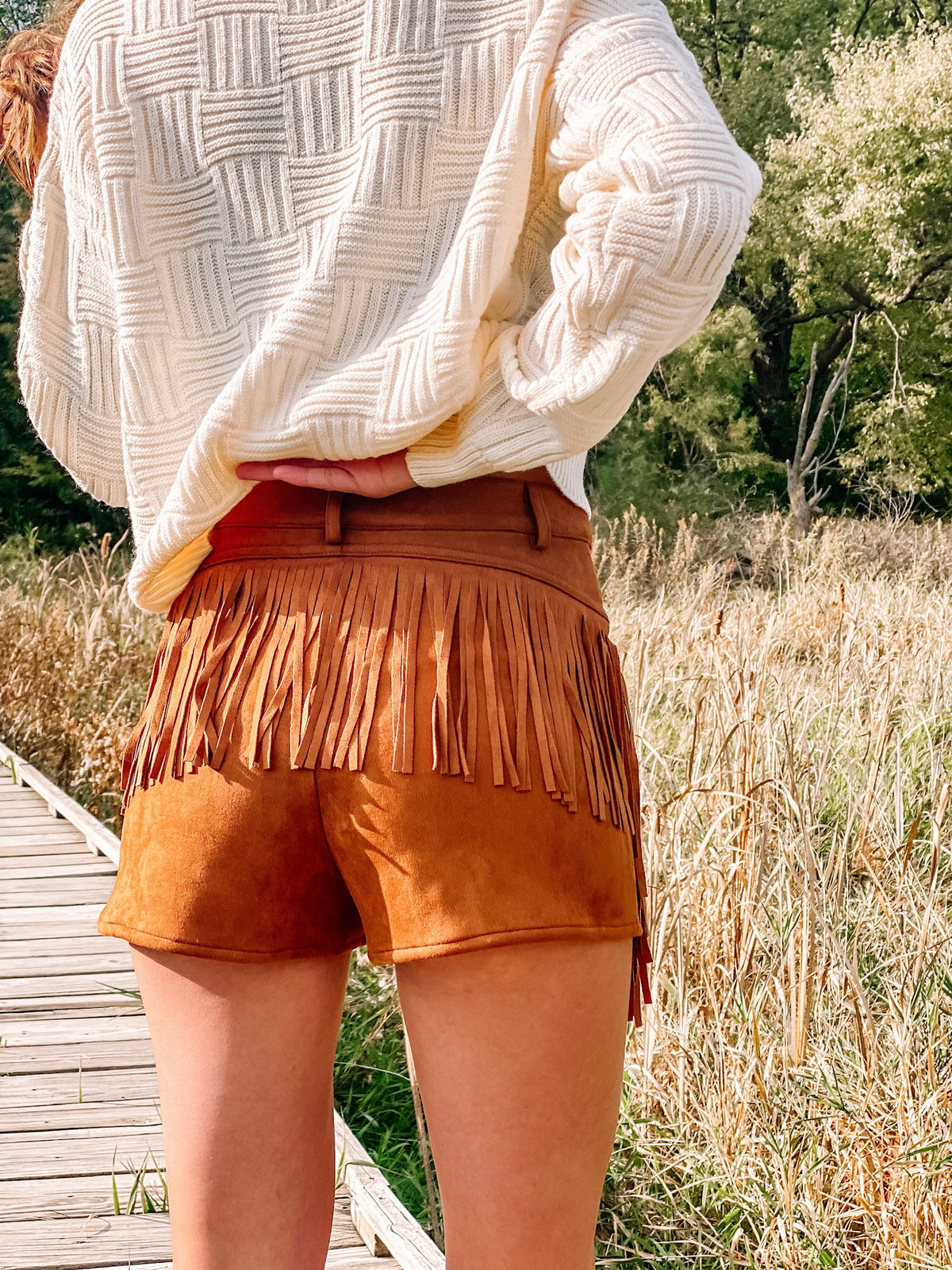 Suede and Fringe Dream Shorts Golden Brown