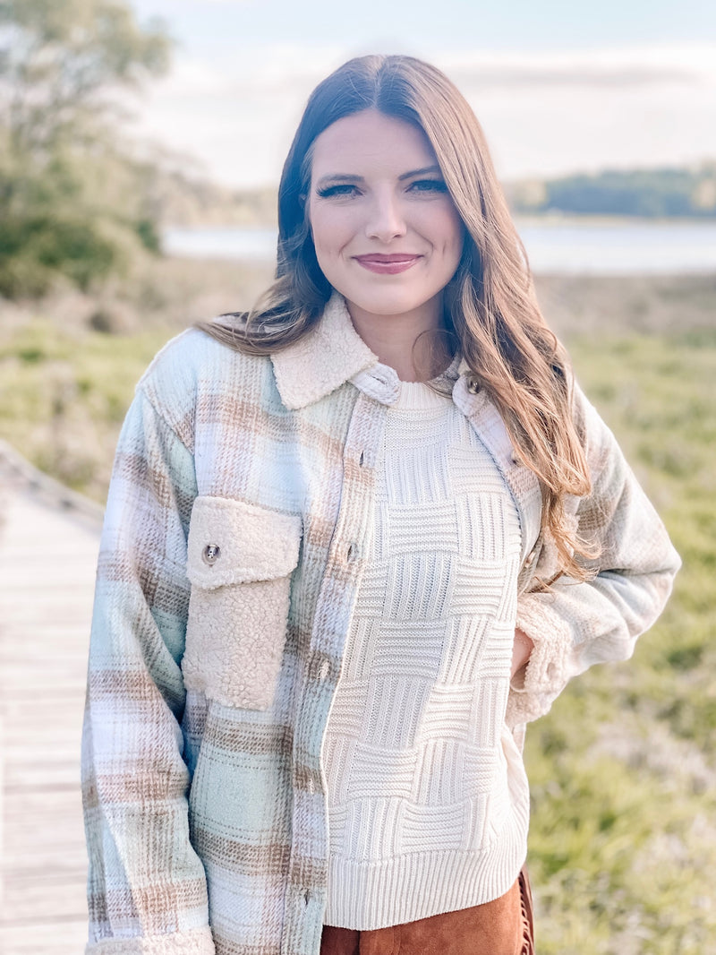 Classy and Cozy Sherpa Contrast Flannel Shacket