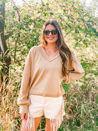Snuggle Up V-Neck Sweater Top- Mocha