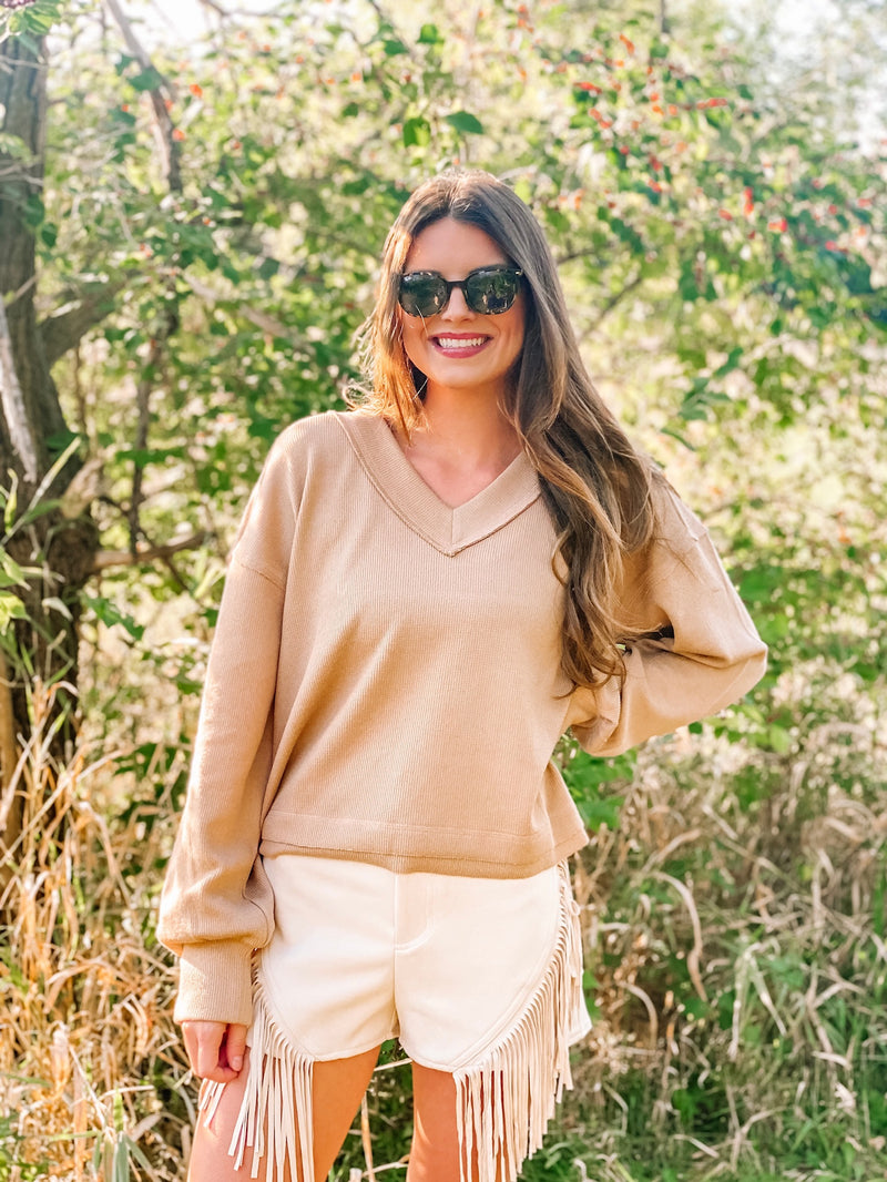 Snuggle Up V-Neck Sweater Top- Mocha