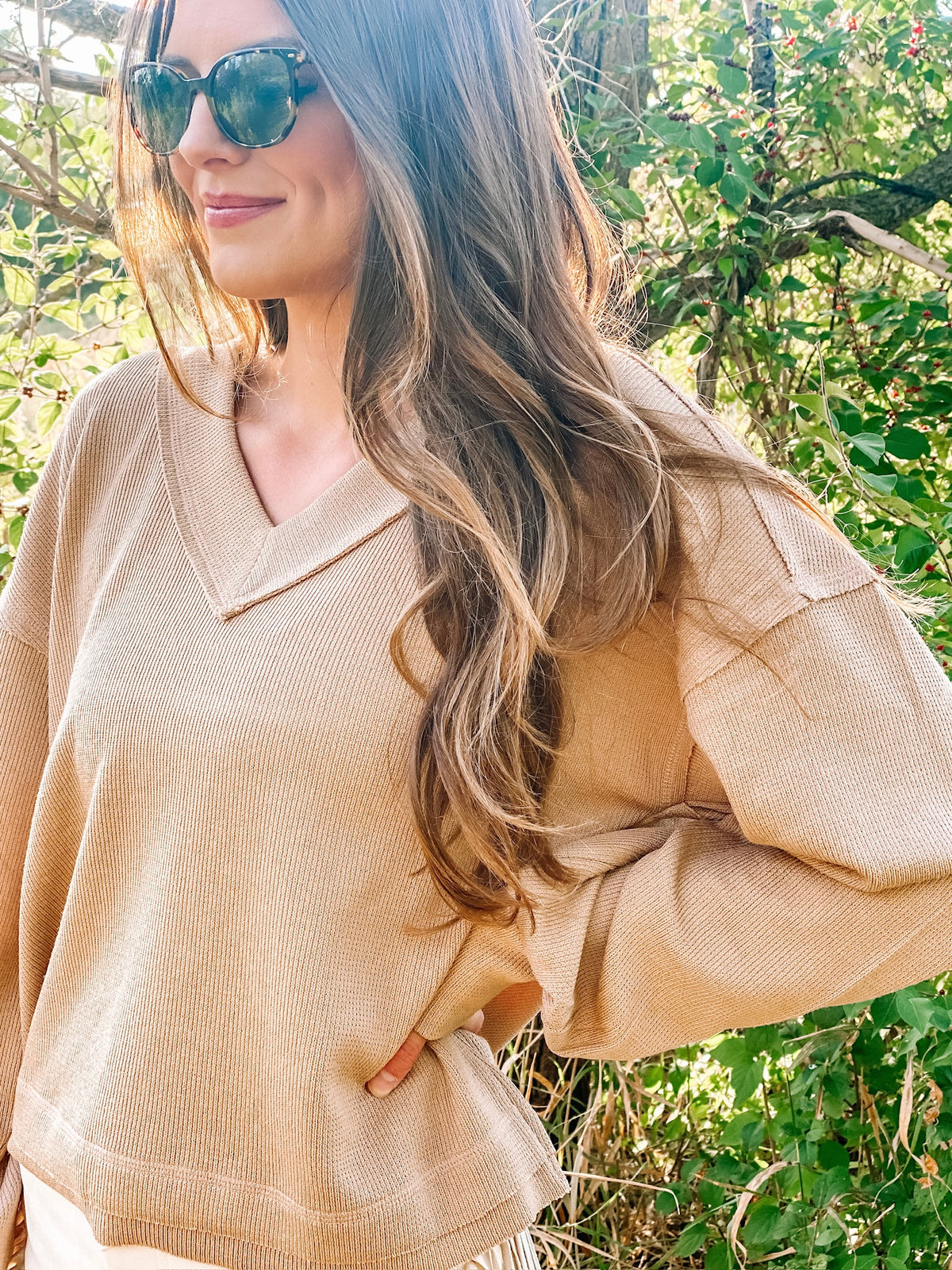 Snuggle Up V-Neck Sweater Top- Mocha