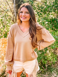 Snuggle Up V-Neck Sweater Top- Mocha