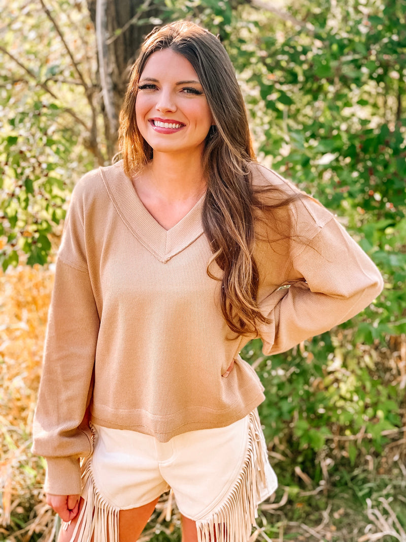 Snuggle Up V-Neck Sweater Top- Mocha