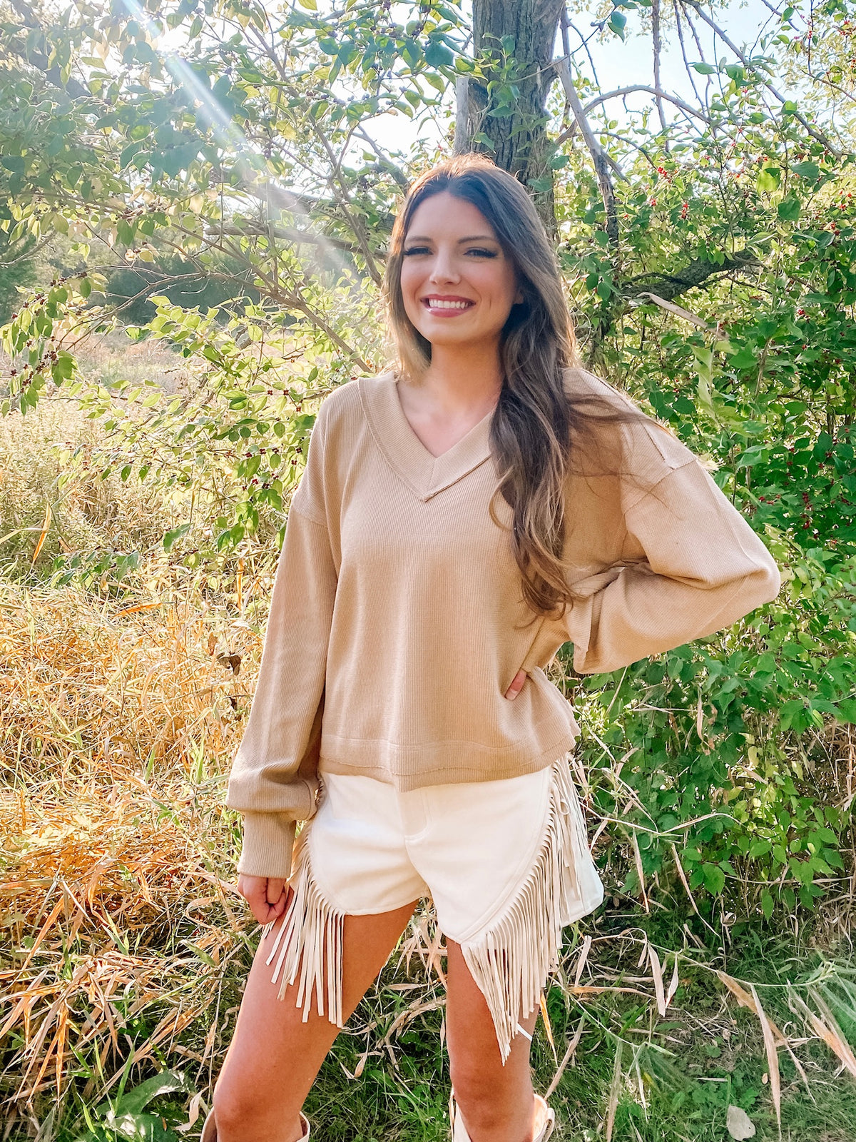 Snuggle Up V-Neck Sweater Top- Mocha