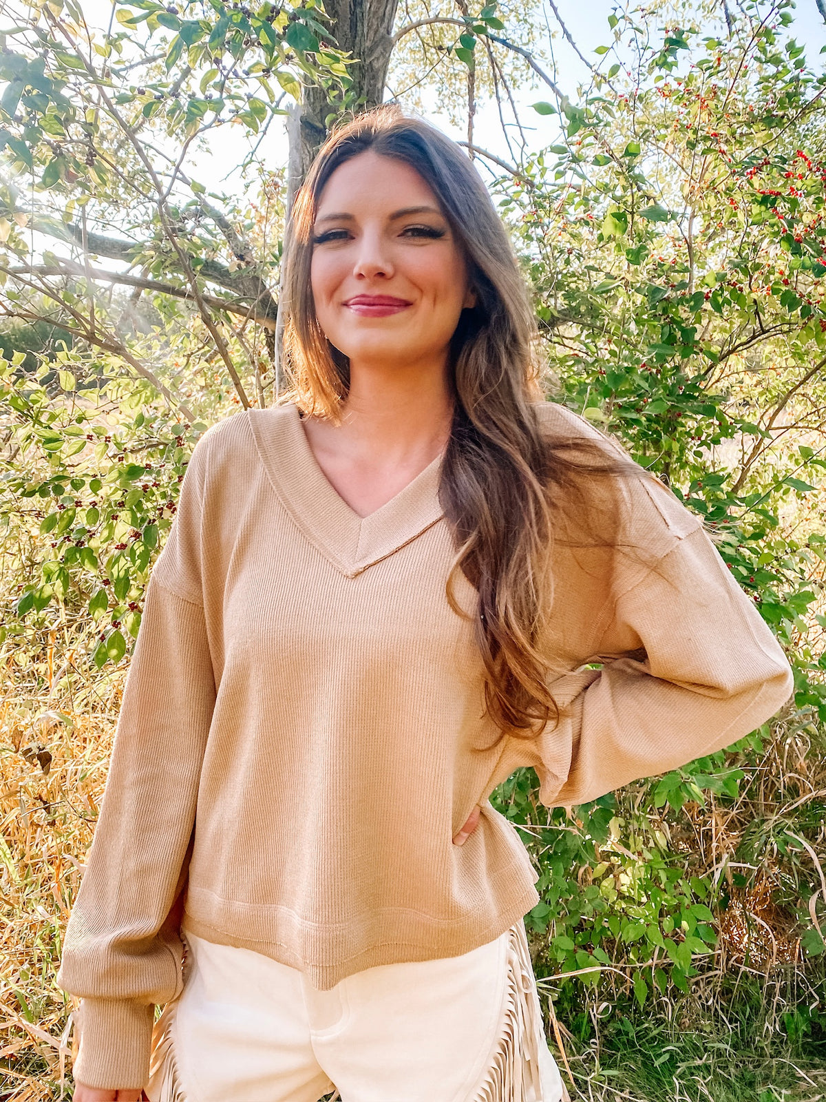 Snuggle Up V-Neck Sweater Top- Mocha