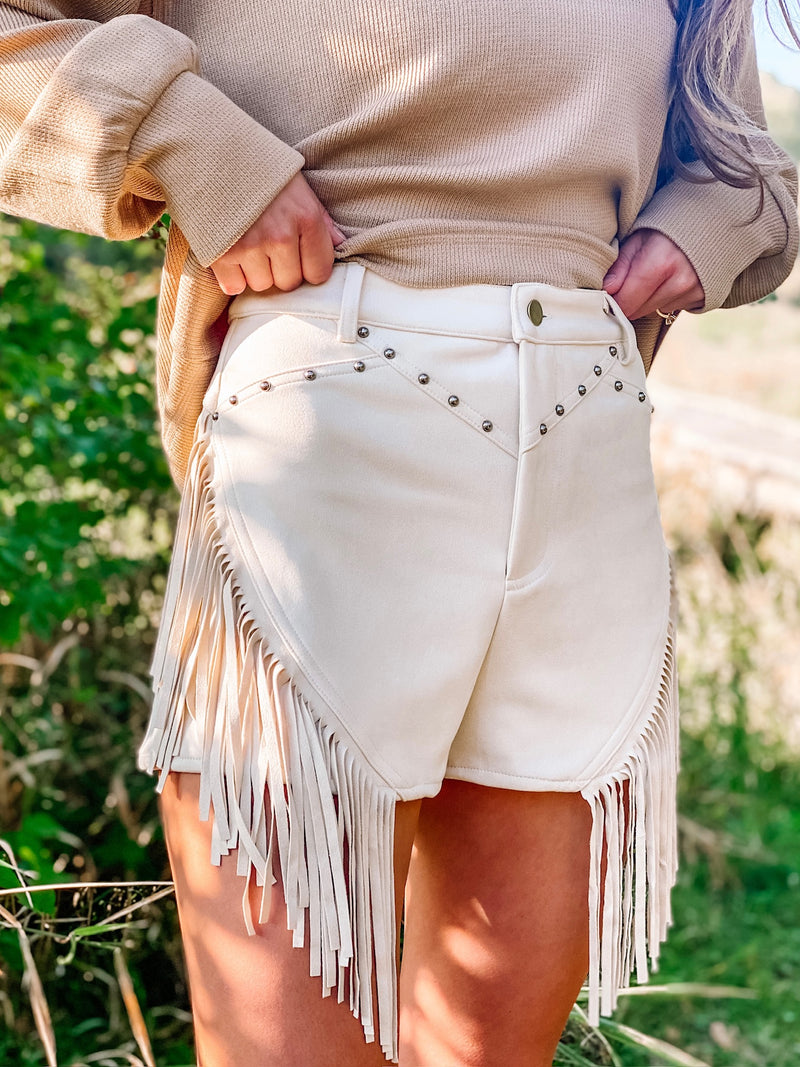 Suede and Fringe Dream Shorts Stone