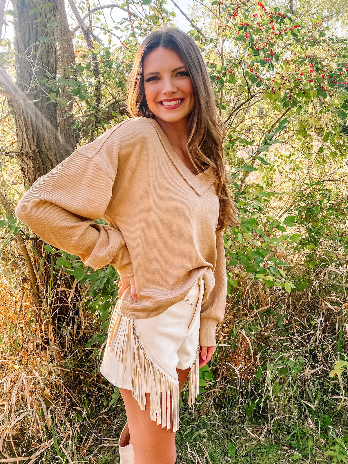 Snuggle Up V-Neck Sweater Top- Mocha
