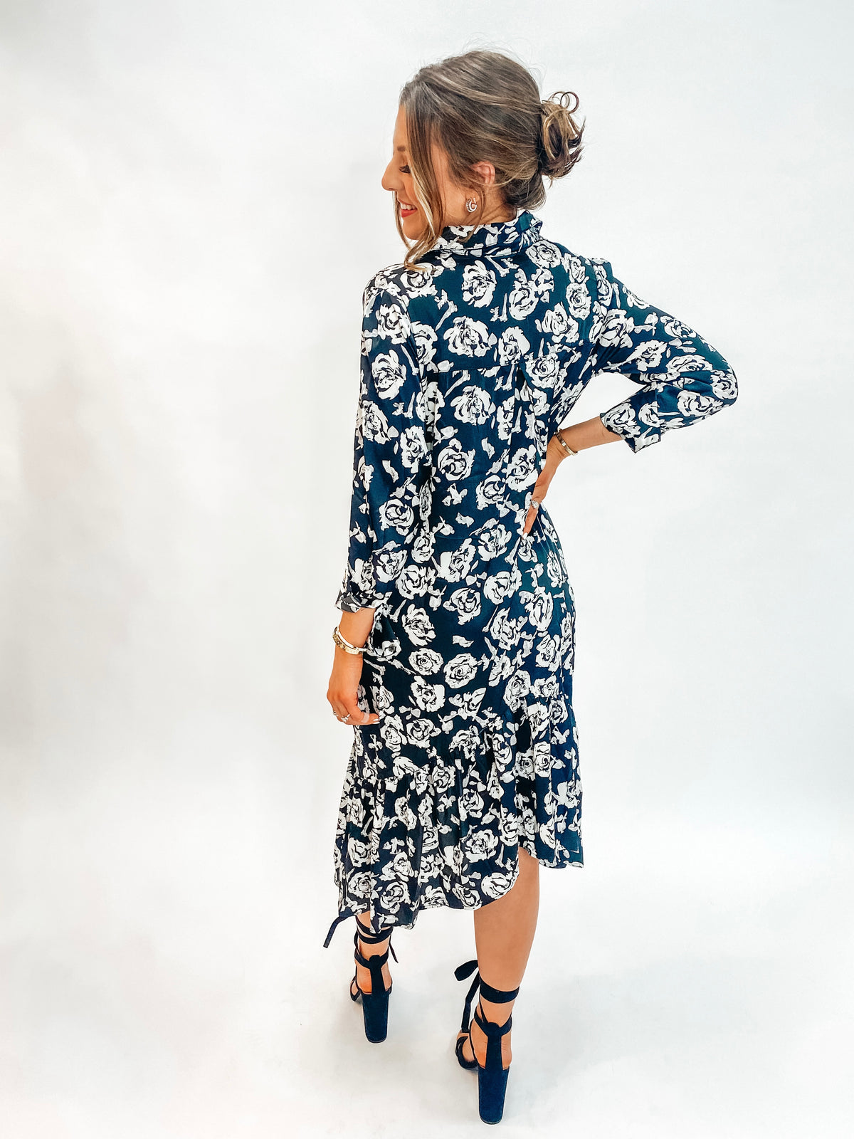 Black And White Floral Button Front Midi Dress