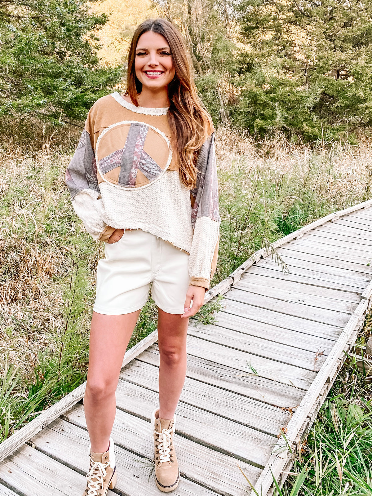 Peace Sign Sweater Top Memphis Camel