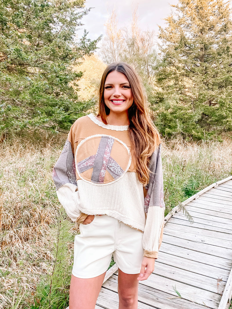 Peace Sign Sweater Top Memphis Camel