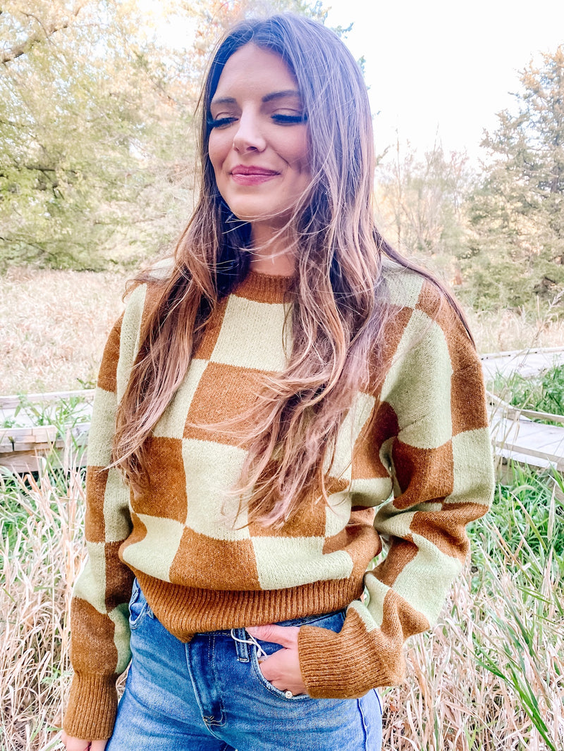 Set The Style Caramel Delight Checkered Sweater