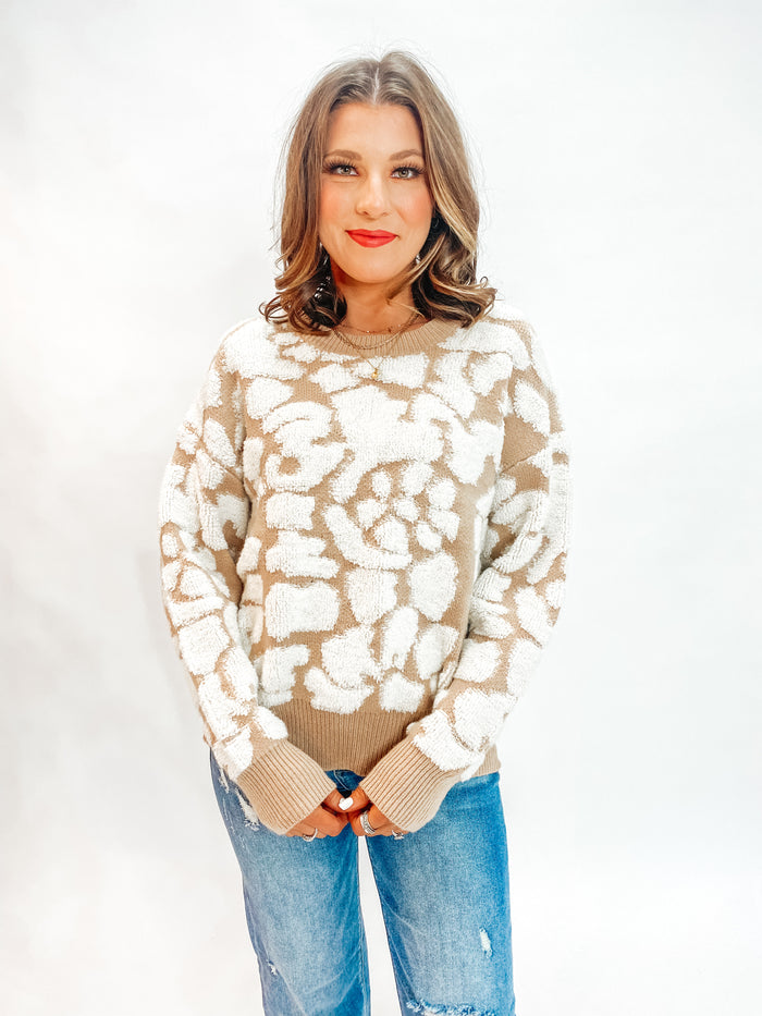 Tan and Cream Terry Cloth Cheetah Print Sweater
